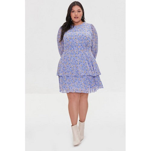 Plus Size Floral Print Mini Dress Blue Multi
