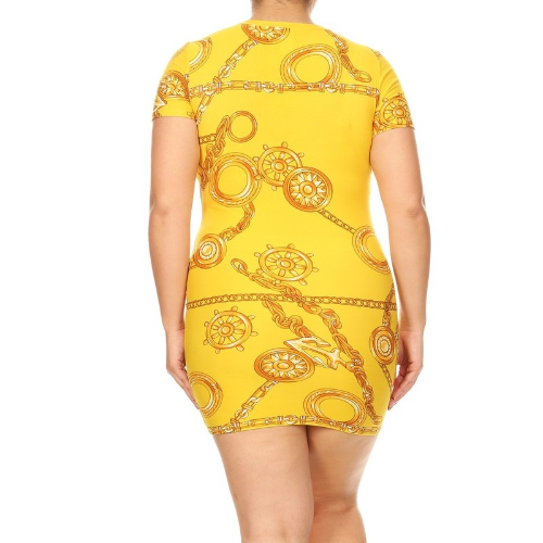 Plus Size Bodycon Dress Chain Print Mustard