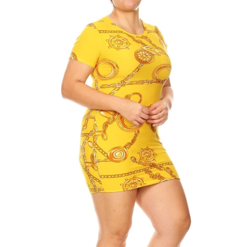 D707 Plus Size Bodycon Dress Chain Print Mustard