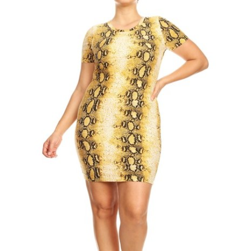 D707 Plus Size Bodycon Dress Snake Print Yellow