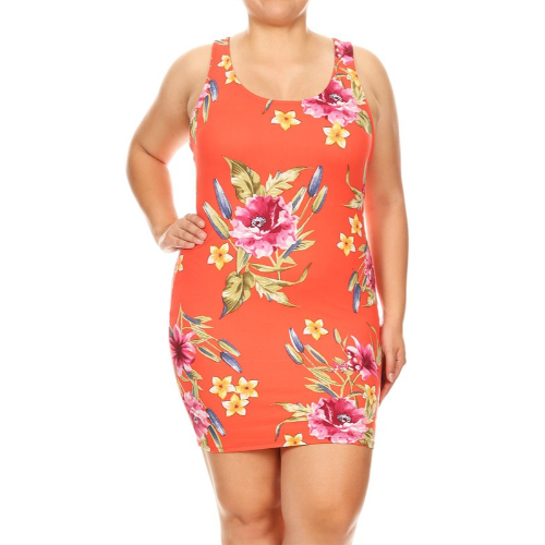 PSHD6211 Plus Size Floral Bodycon Dress Coral