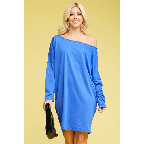 CWDSD519-P Plus Size Off Shoulder Drape Dress Blue