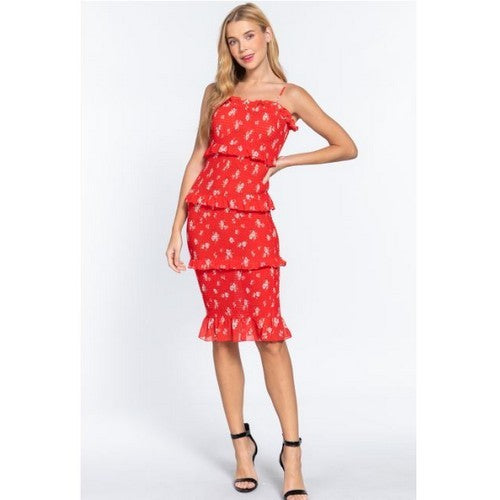 D12279 Ruffle Smock Dress Red Floral
