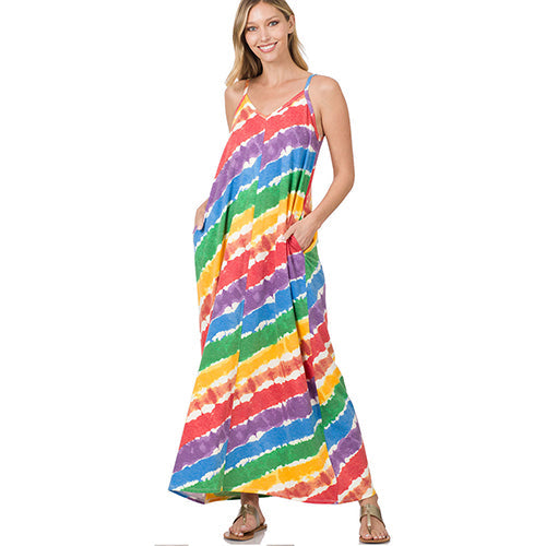 TPS-5051AB French Terry Tie Dye Cami Maxi Dress Rainbow