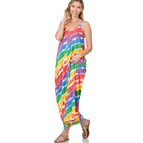 French Terry Tie Dye Cami Maxi Dress Rainbow