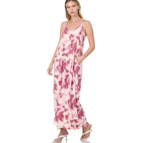 French Terry Tie Dye Cami Maxi Dress Pink