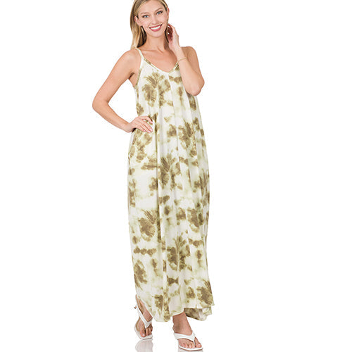 TPS-5064AB French Terry Tie Dye Cami Maxi Dress Olive