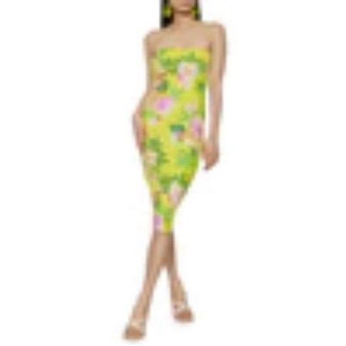 0030447809 Rib Knit Floral Print Tube Dress Yellow