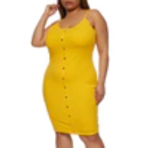 0029562121 Plus Size Snap Button Front Detail Cami Dress Mustard