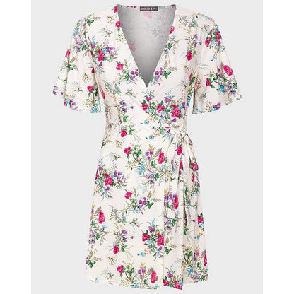 Angel Sleeve Floral Wrap Dress Ivory