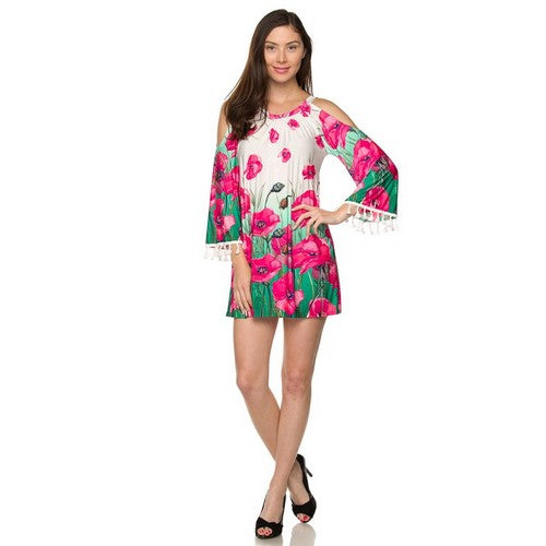 02H(5)-B3032-5 Floral Print Cold Shoulder Dress with Fringed Sleeves Fuchsia