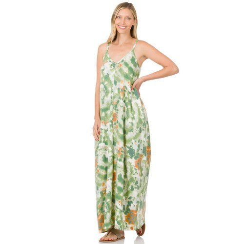 TPS-5056AB French Terry Tie Dye Cami Maxi Dress Green