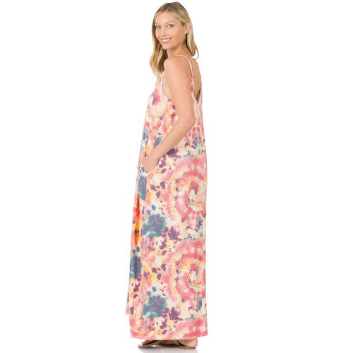 French Terry Tie Dye Cami Maxi Dress Pink