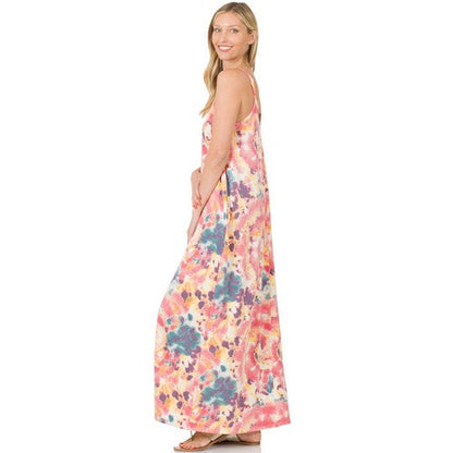 French Terry Tie Dye Cami Maxi Dress Pink