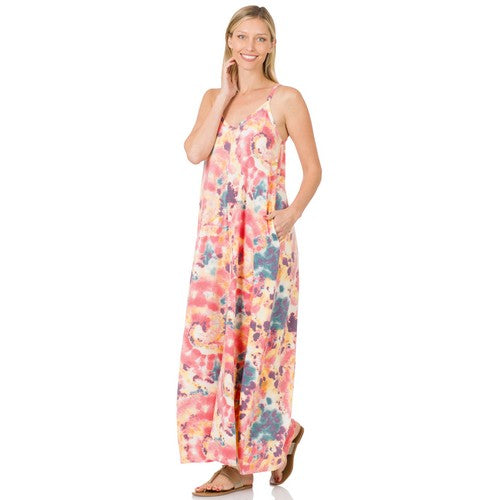 TPS-5056AB French Terry Tie Dye Cami Maxi Dress Pink