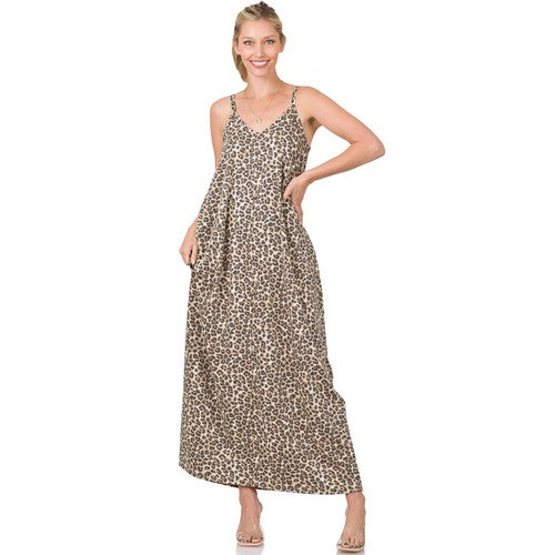 TPS-5114AB French Terry Leopard Cami Maxi Dress Brown
