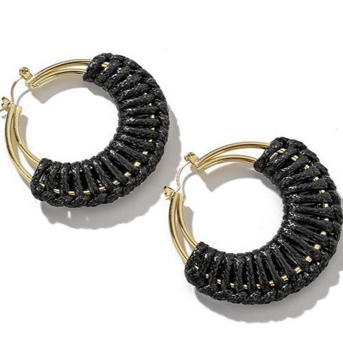CWAJE141 Luxury Woven Gold Hoop Earrings Black