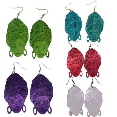 Wooden Woman Face Earring