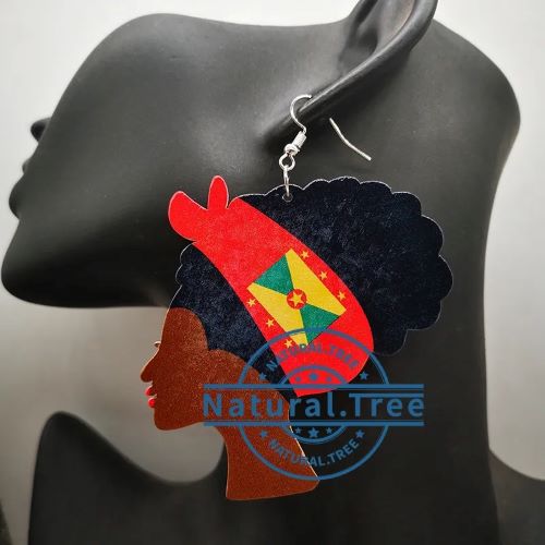 Independence Headwrap Lady Wooden Earring