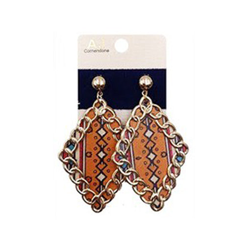 Diamond Shape Wood & Chain Earrings Tribal Orange