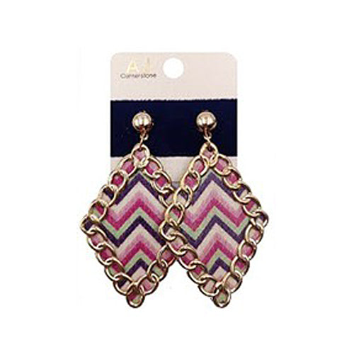 Diamond Shape Wood & Chain Earrings Zig Zag Pink