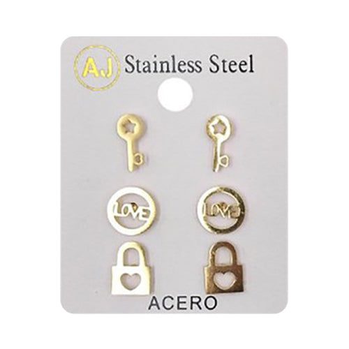 Stainless Steel 3pc Love Lock & Key Stud Earring Set Gold