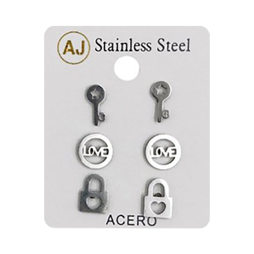 Stainless Steel 3pc Love Lock & Key Stud Earring Set Silver