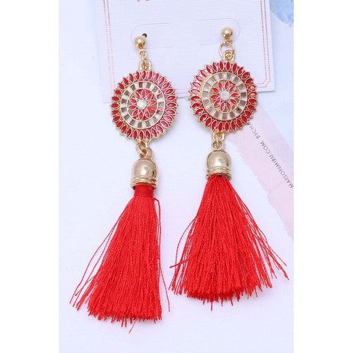 Daisy Emblem Tassel Earrings Red