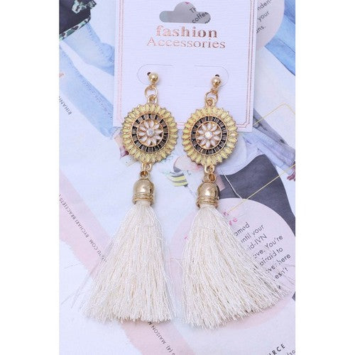 Daisy Emblem Tassel Earrings White