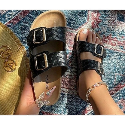 Quilted 2 Buckle Sandals Black