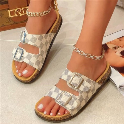 Monogram Print 2 Buckle Sandal White