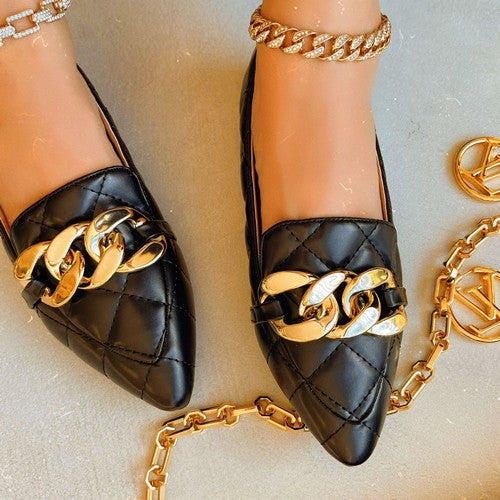 Jumbo Gold Chain Quilted Flats Black