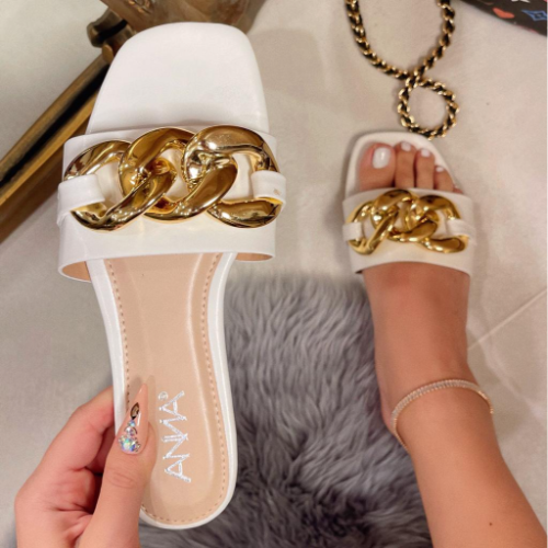 Chunky Gold Chain Slides White