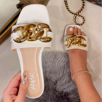 Chunky Gold Chain Slides White