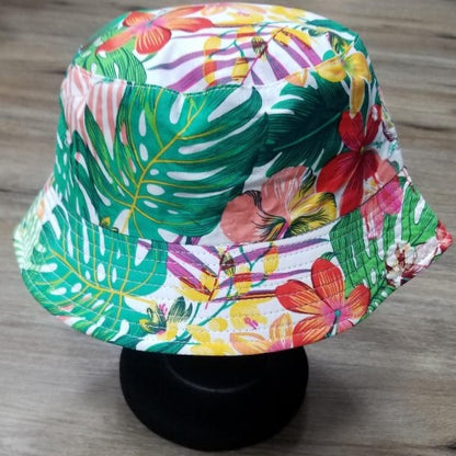 Hibiscus Print Bucket Hat White & Pink