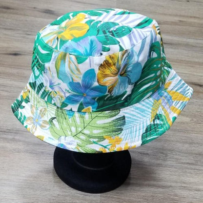 Hibiscus Print Bucket Hat White & Turquoise