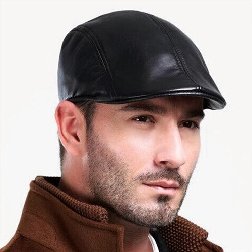 NEWSBOY-05-C Leather Newsboy Flat Cap Black