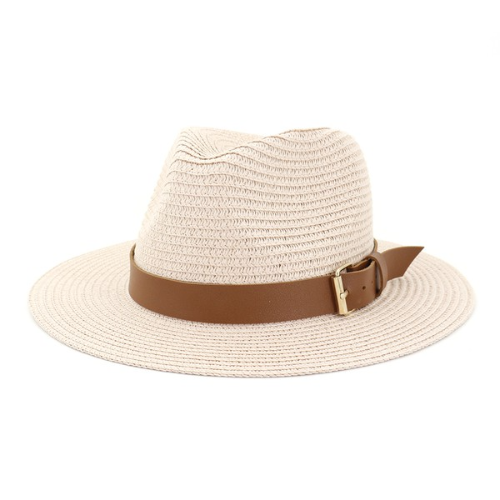 Straw Panama Hat with Brown Belt Pink