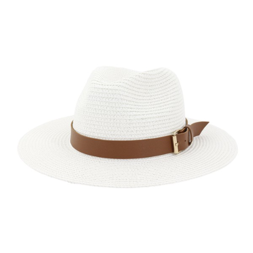 Straw Panama Hat with Brown Belt White