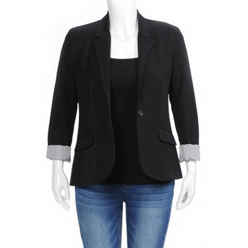 Plus Size Turn-Up Sleeve Blazer Black