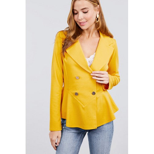 J11070 Double Breasted Ruffle Hem Jacket Mustard