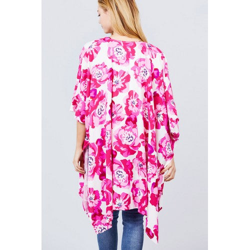 Floral Print Kimono Ivory & Hot Pink