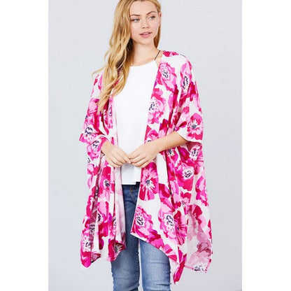 J11408 Floral Print Kimono Ivory & Hot Pink