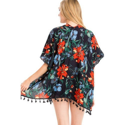 Gardenia Print Tassel Kimono Navy Blue