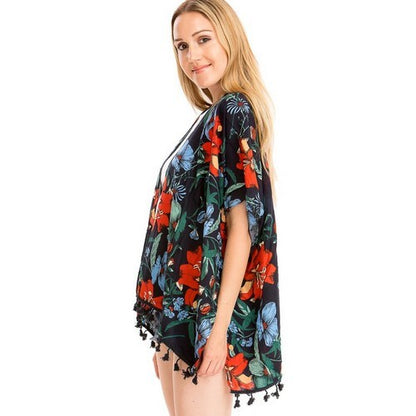 Gardenia Print Tassel Kimono Navy Blue