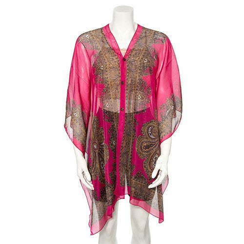 Paisley Button-Thru Kimono Throwover Fuchsia