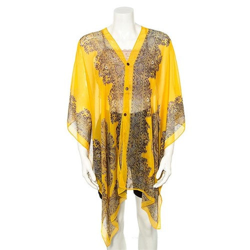 184421 Paisley Button-Thru Kimono Throwover Gold
