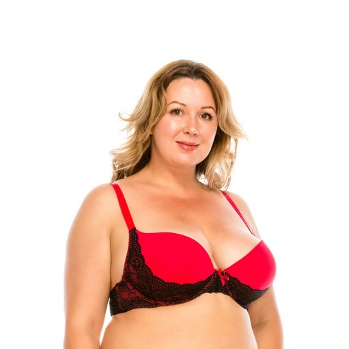 YM-89112-BRA-D-DD Lace Overlay Padded Bra Red