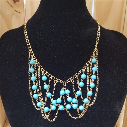 Layered Statement Necklace with Turquise Beads Gold