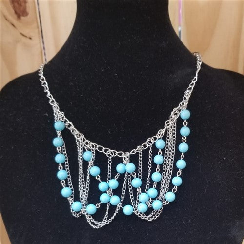 Layered Statement Necklace with Turquise Beads Silver